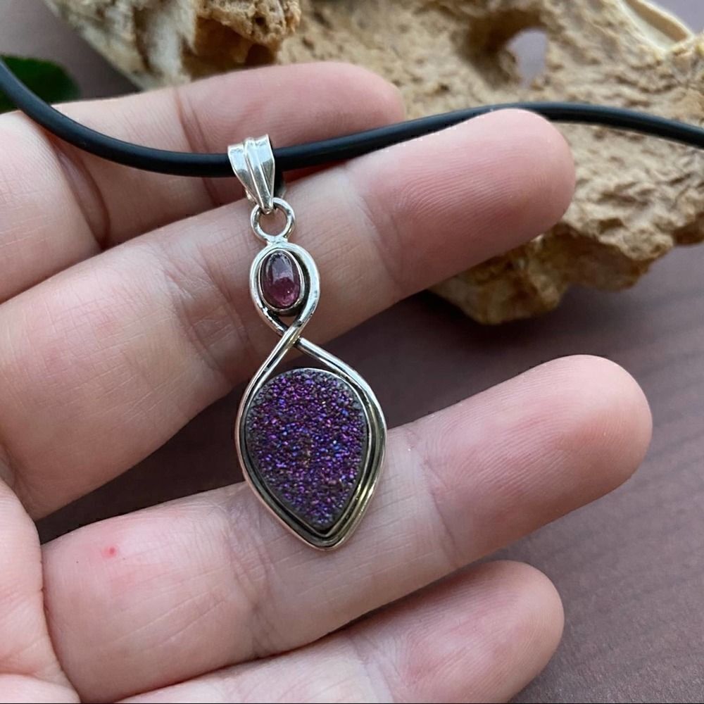 Titanium Aura Druzy & Pink Tourmaline Pendant Necklace